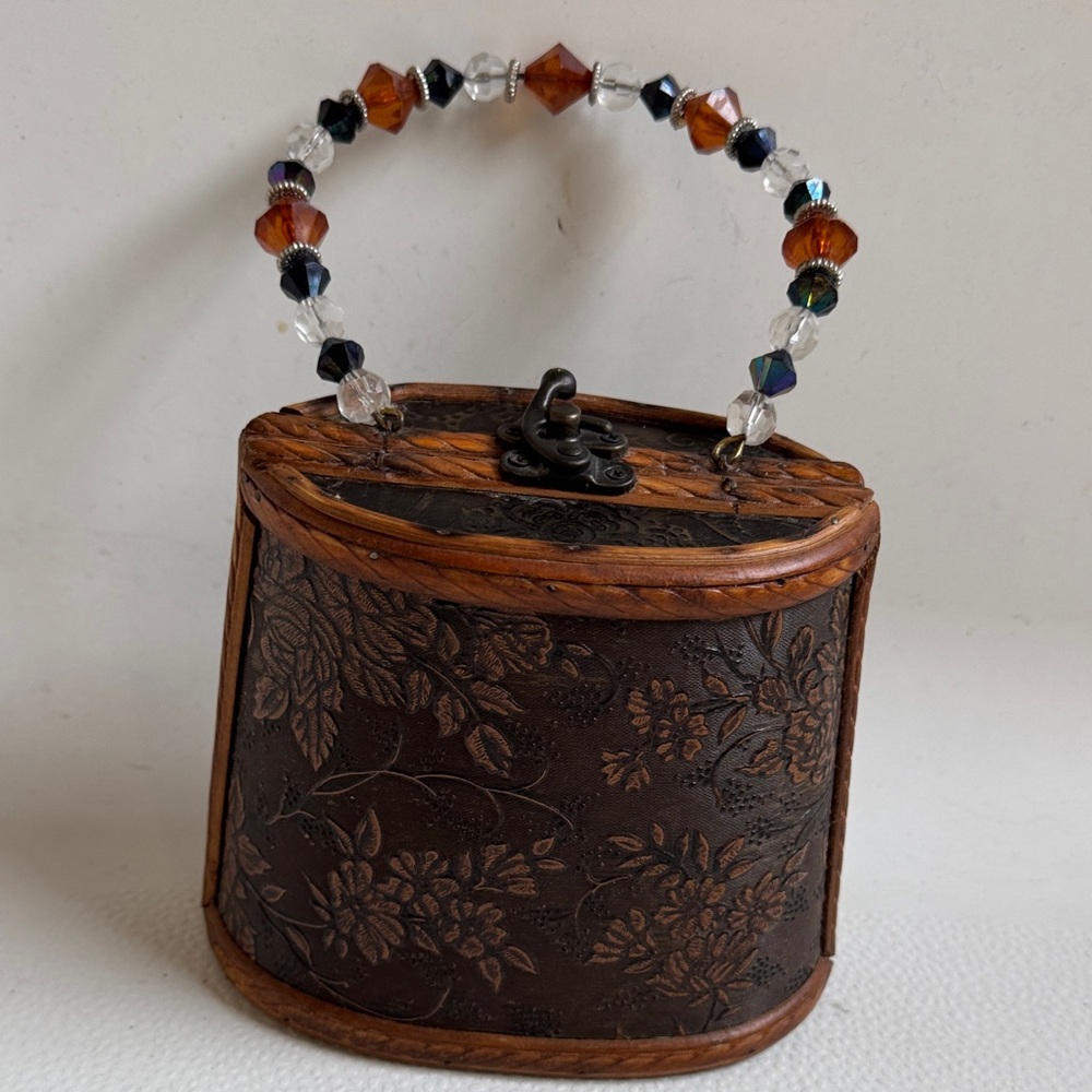 Brown Floral Embossed Mini Handbag with Beaded Handle